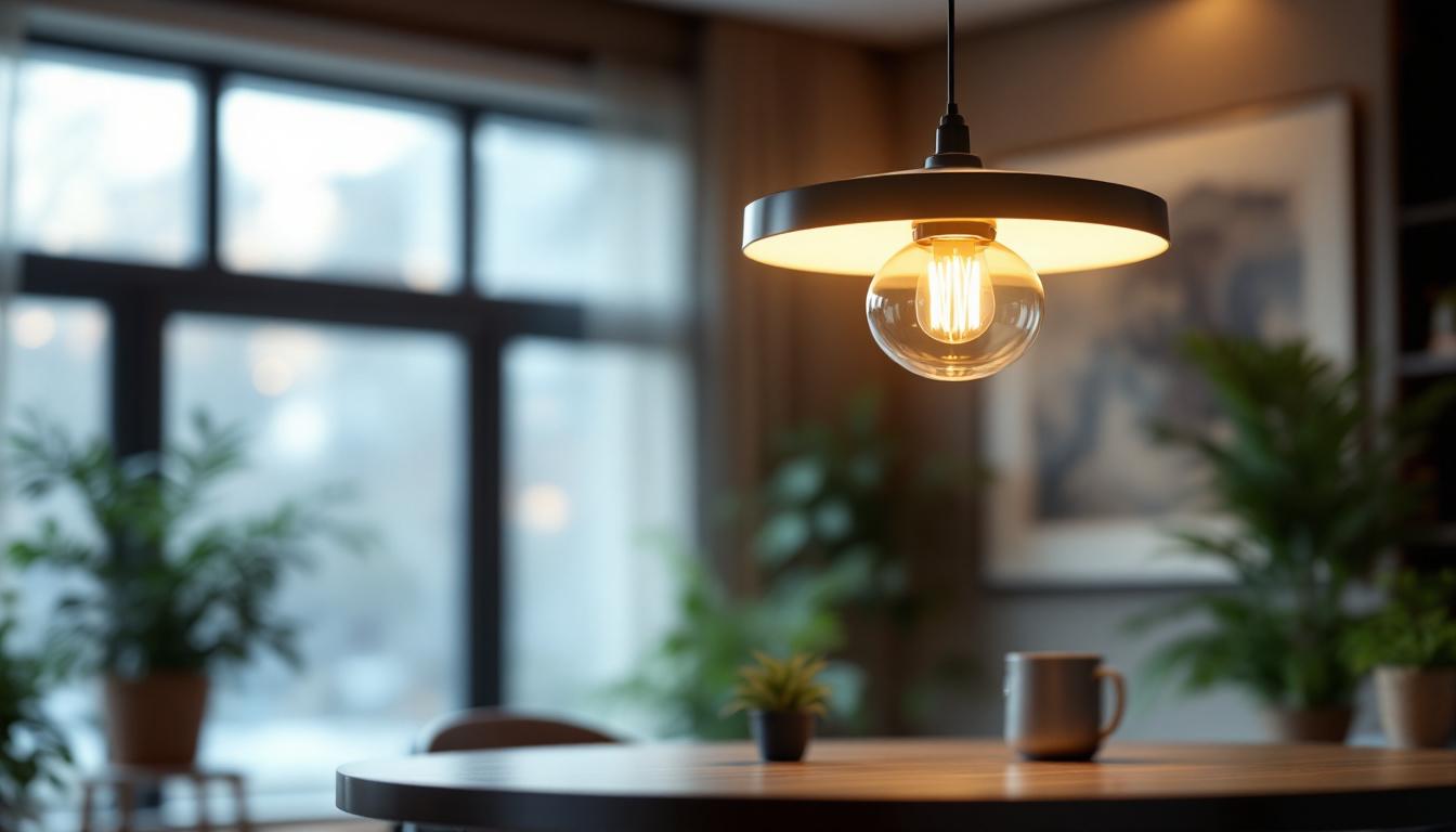 A photograph of a stylish pendant led light fixture in a well-decorated interior setting