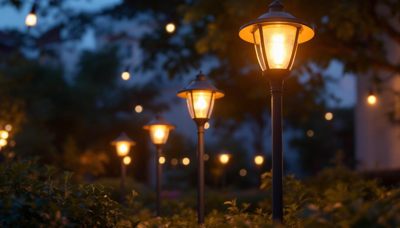 A photograph of a beautifully lit outdoor space featuring various styles of plastic outdoor lights