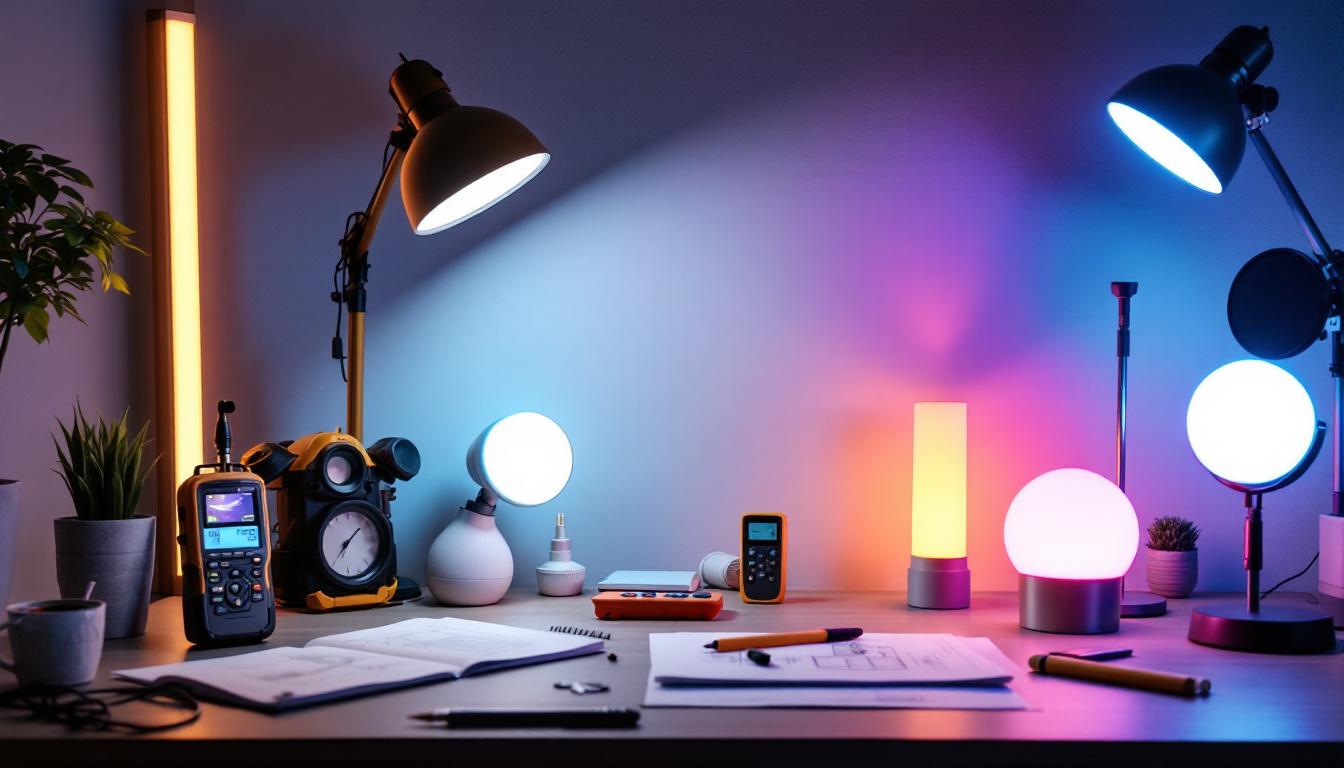 A photograph of a well-organized workspace featuring a variety of cheap led lamps in different styles and colors