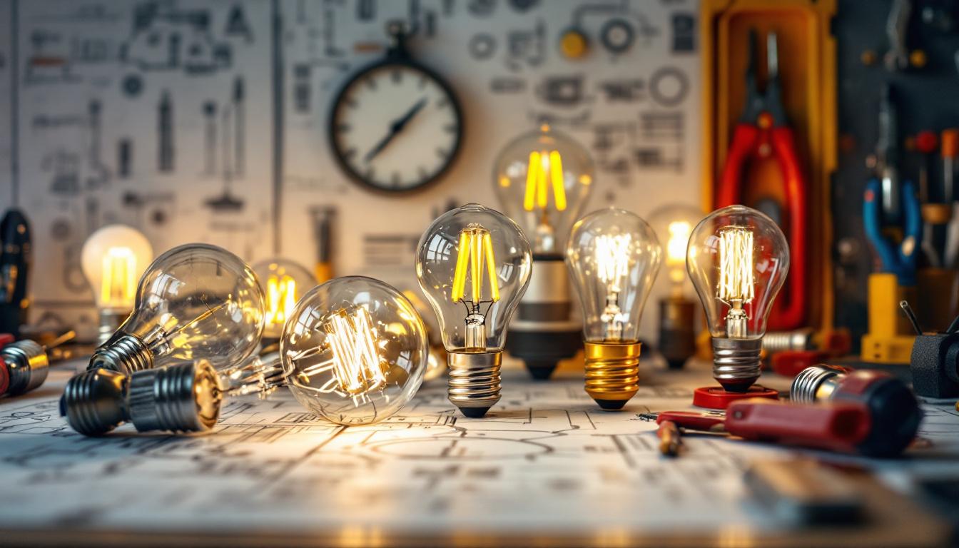 A photograph of a close-up of various types of light bulbs arranged aesthetically on a workbench