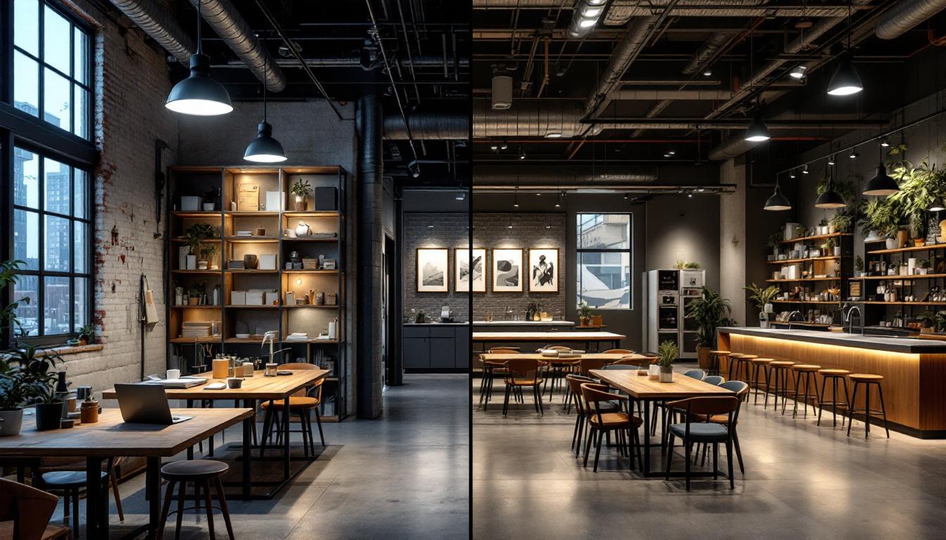 A photograph of a side-by-side comparison of an industrial workspace and a commercial retail environment