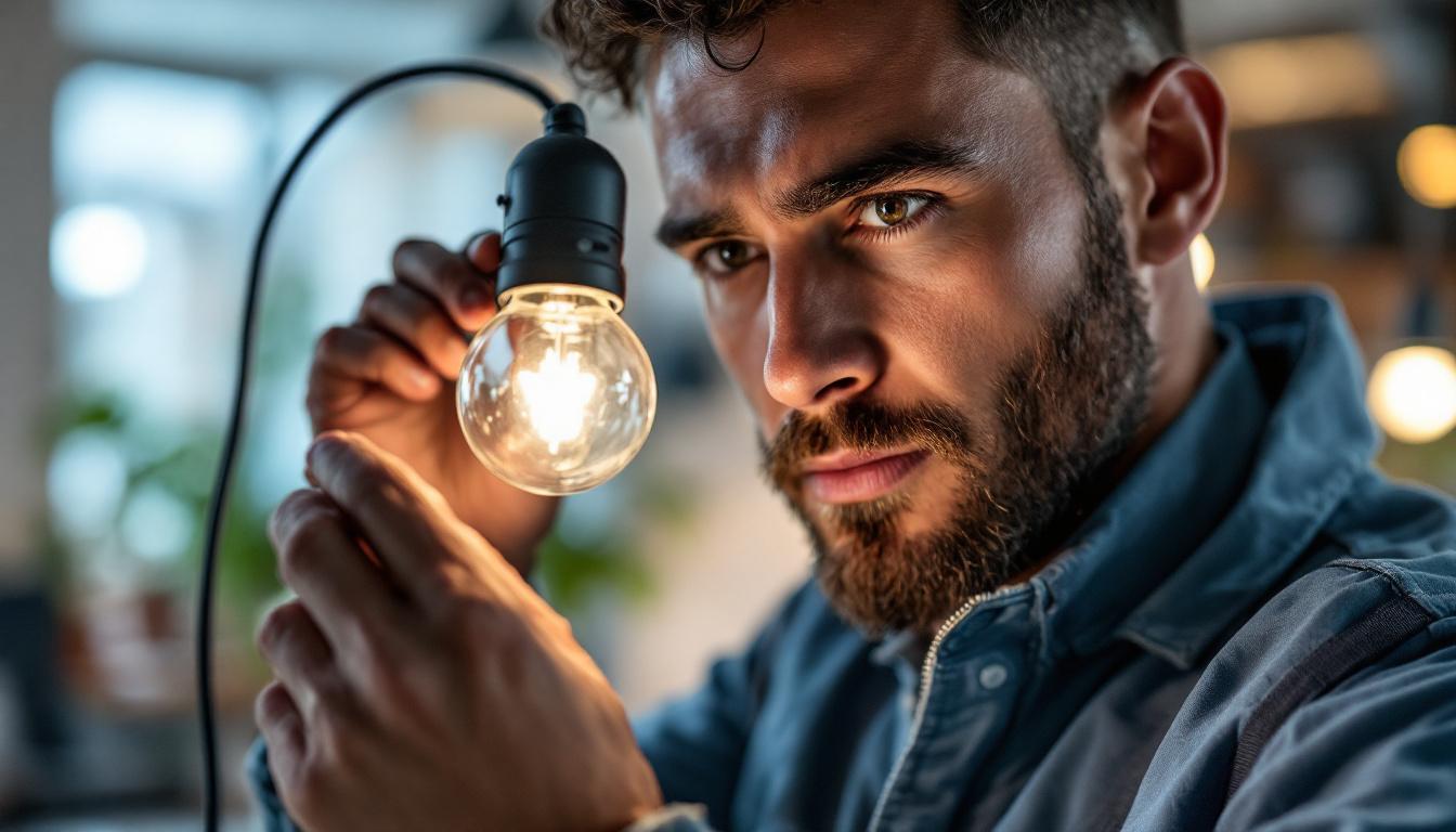 A photograph of a close-up of an electrical engineer adjusting a dimmable led lamp in a modern workspace