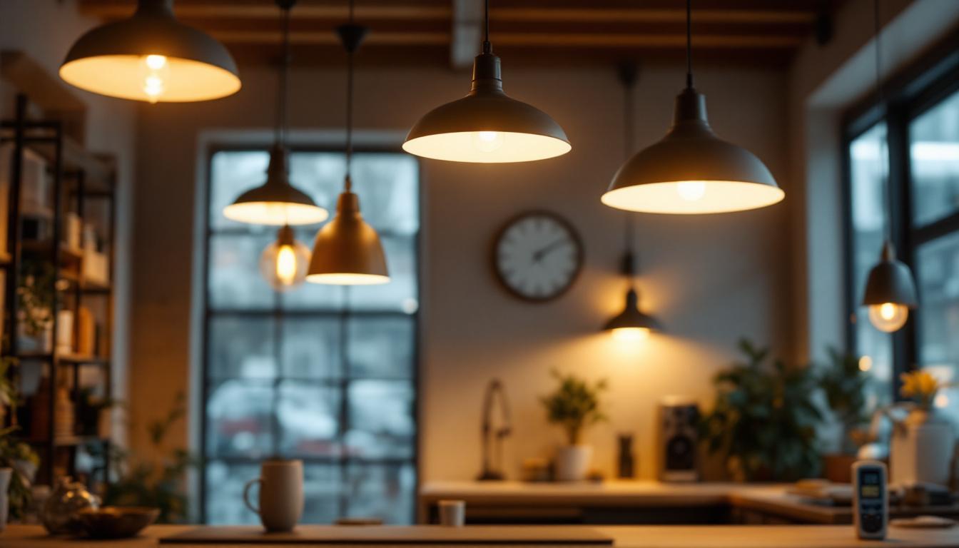 A photograph of a well-lit indoor space showcasing various lighting fixtures