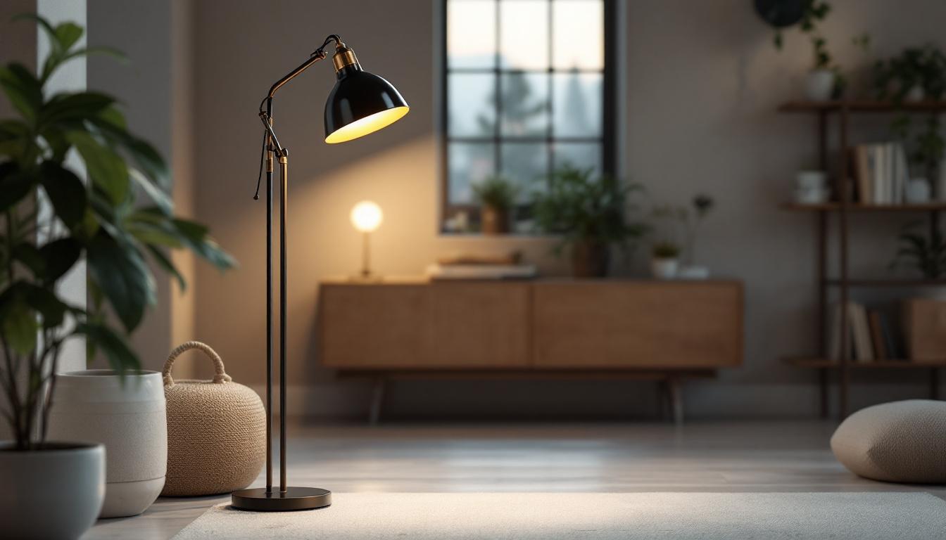 A photograph of a stylish industrial standing lamp in a well-designed interior setting