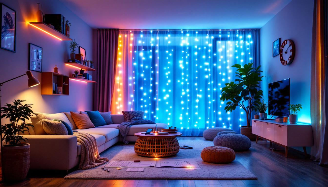 A photograph of a vibrant scene showcasing a 100-foot led strip light installation in a modern living space