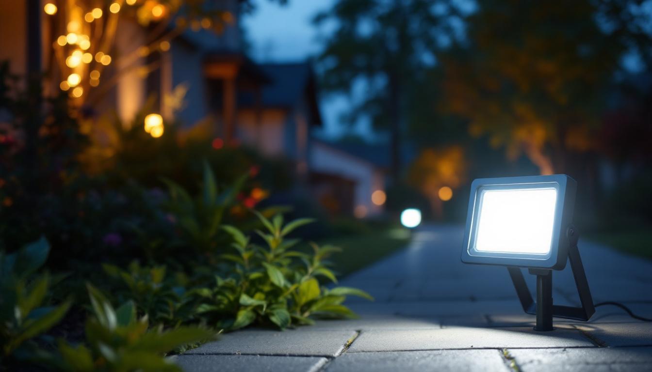 A photograph of a beautifully illuminated outdoor space featuring home depot solar-powered flood lights in action