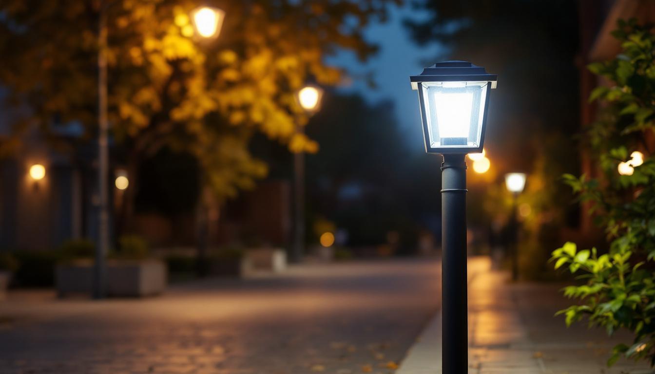 A photograph of a square post light installed in a well-lit outdoor setting