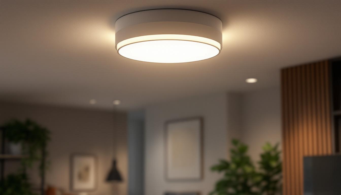 A photograph of a stylish bright flush mount ceiling light installed in a modern interior setting
