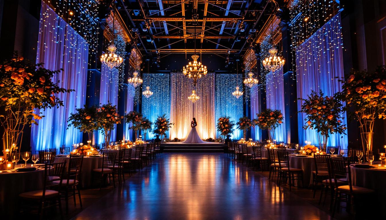 A photograph of a beautifully lit wedding venue showcasing a blend of ambient