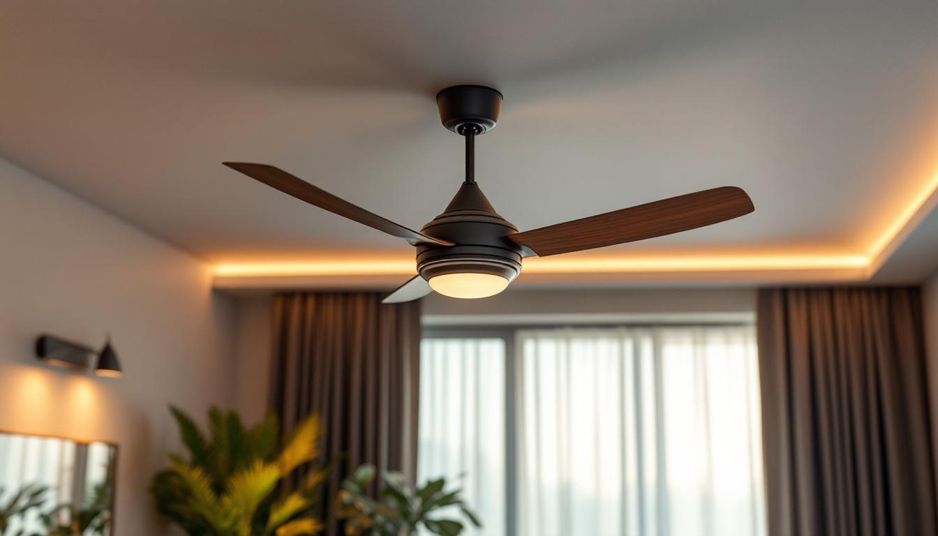 A photograph of a modern ceiling fan in an aesthetically pleasing room setting