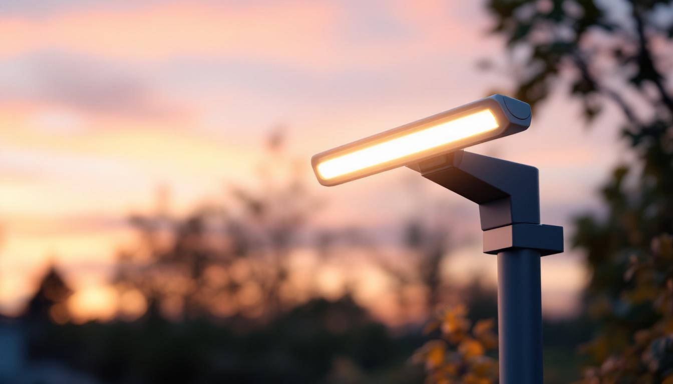 A photograph of a sleek solar-powered light bar mounted in an outdoor setting