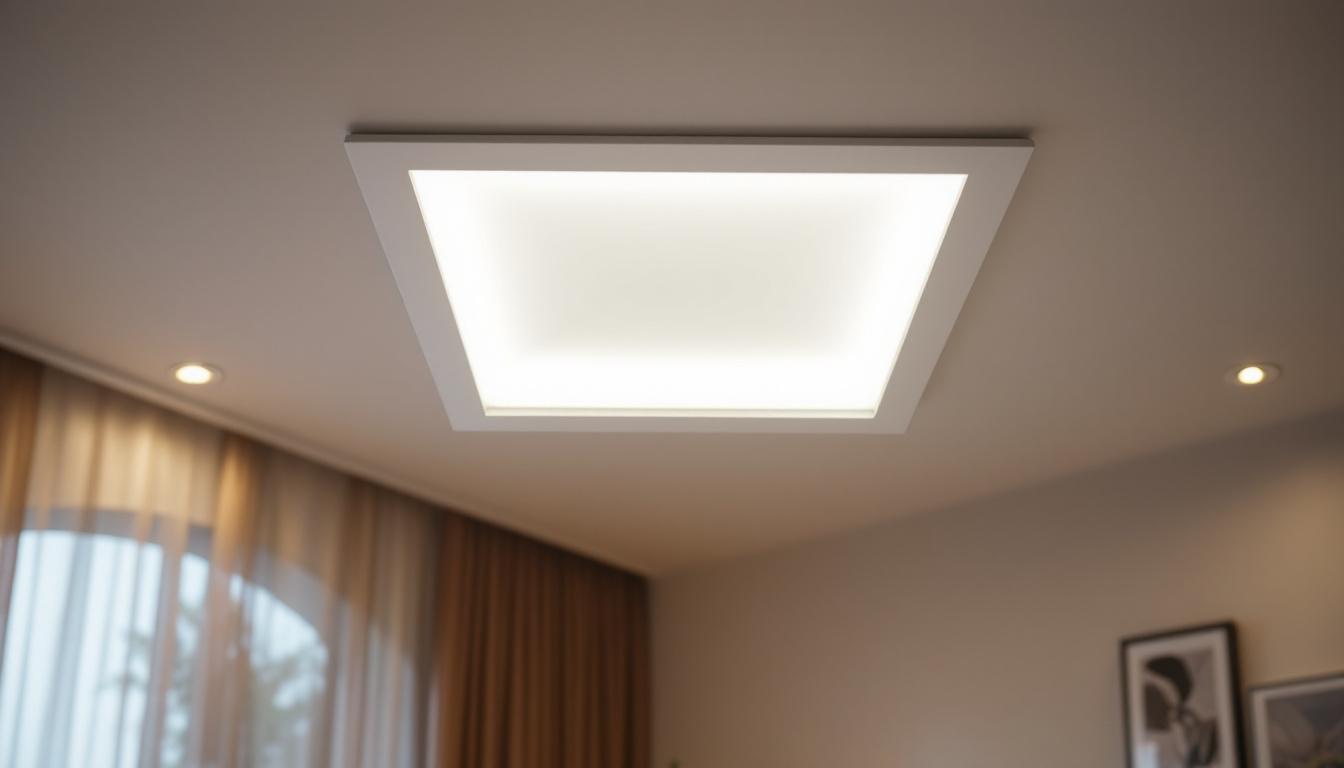 A photograph of a modern square recessed led light fixture installed in a stylish ceiling