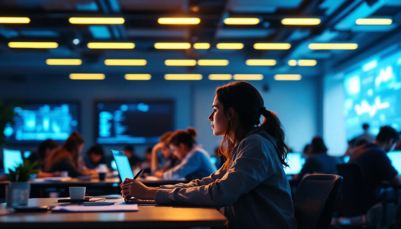 A photograph of a modern classroom illuminated by vibrant led lights
