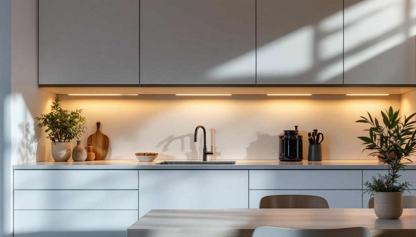 A photograph of a beautifully illuminated kitchen cabinet showcasing various lighting options
