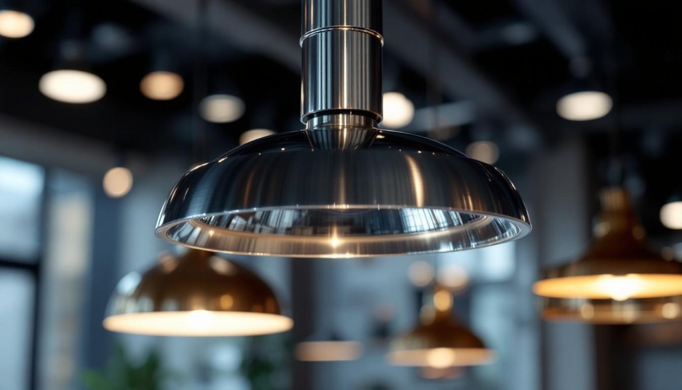 A photograph of a sleek stainless steel light fixture in a modern setting