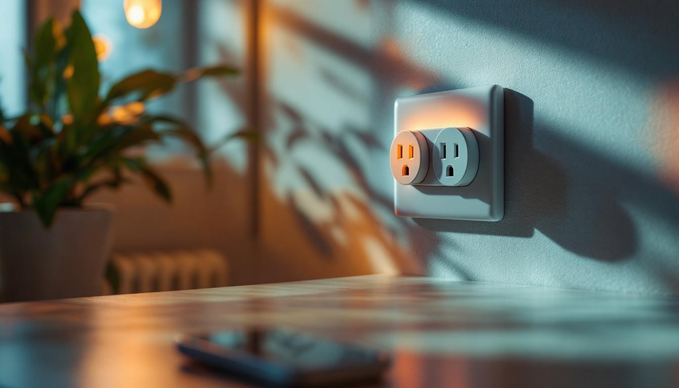 A photograph of a well-lit scene featuring various power outlets in different colors
