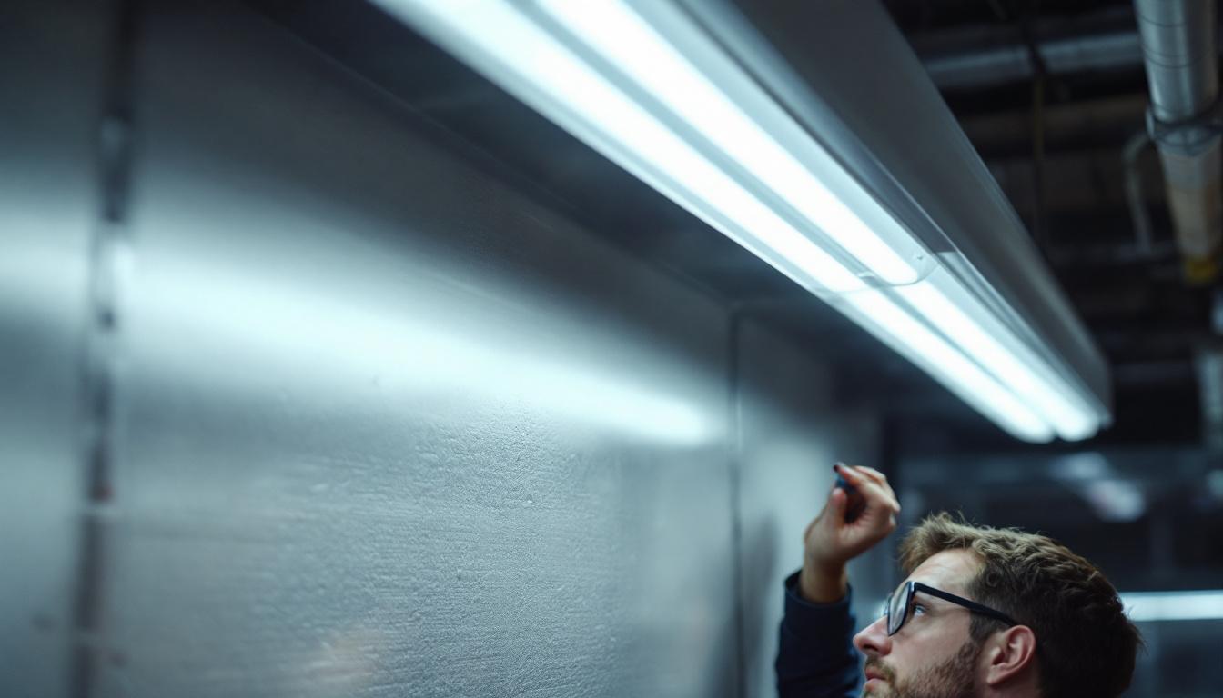 A photograph of a fluorescent light fixture installed in a modern workspace