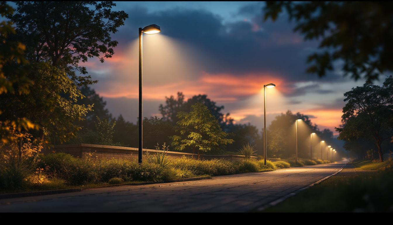 A photograph of a well-lit outdoor scene featuring a 12-foot light pole in use