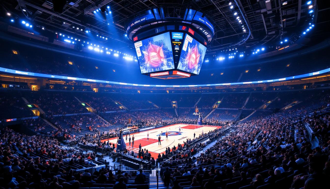 A photograph of a stunning basketball arena interior