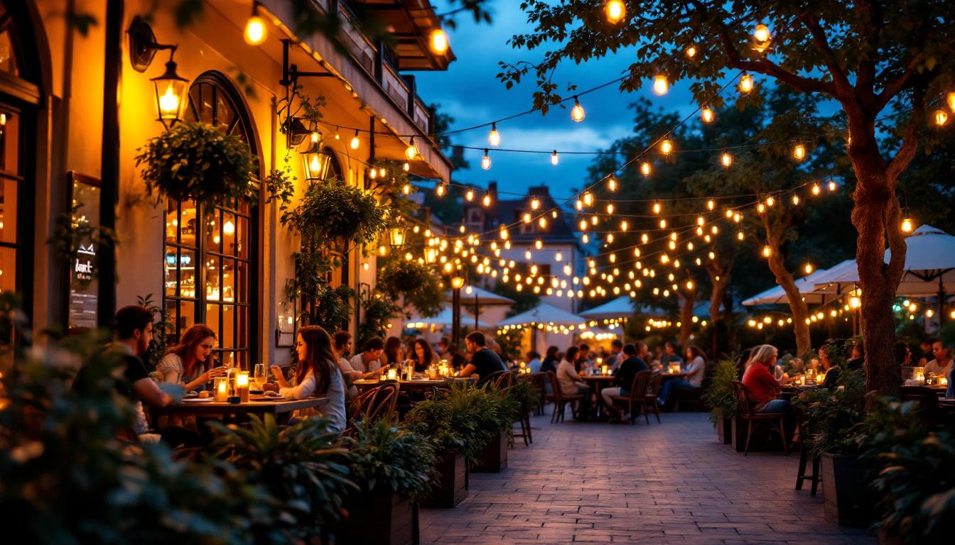 A photograph of a beautifully illuminated outdoor cafe setting at dusk