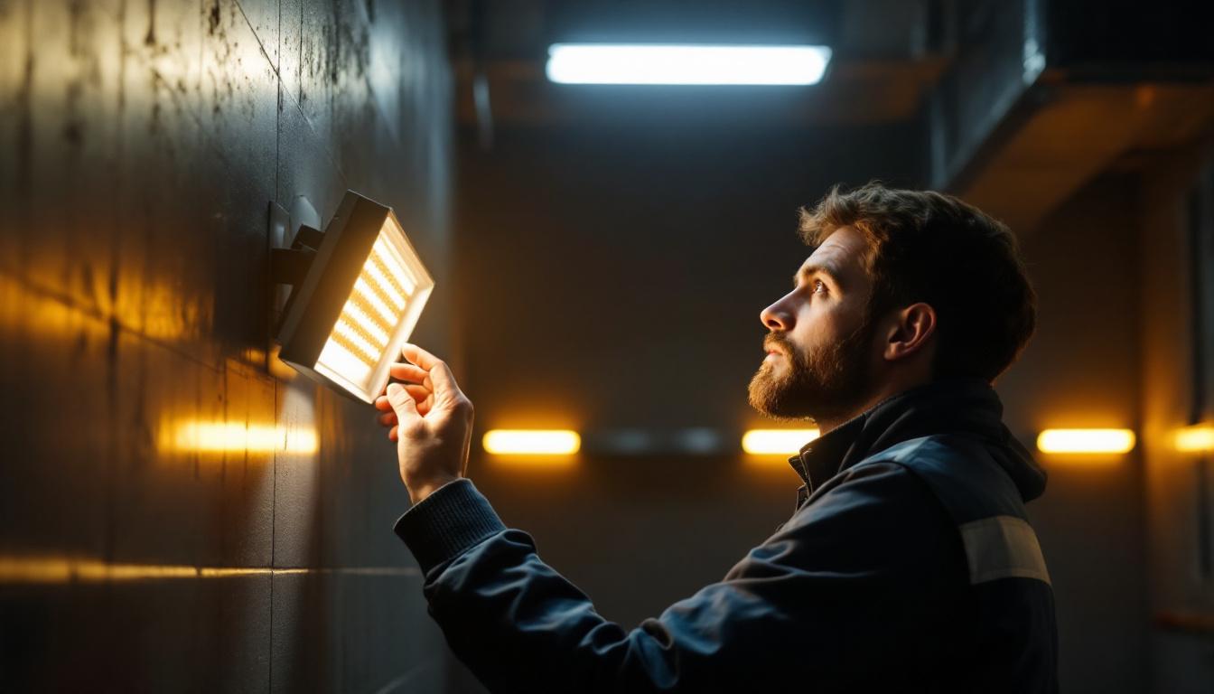 A photograph of a lighting engineer examining a rab wall pack led fixture in a dimly lit environment