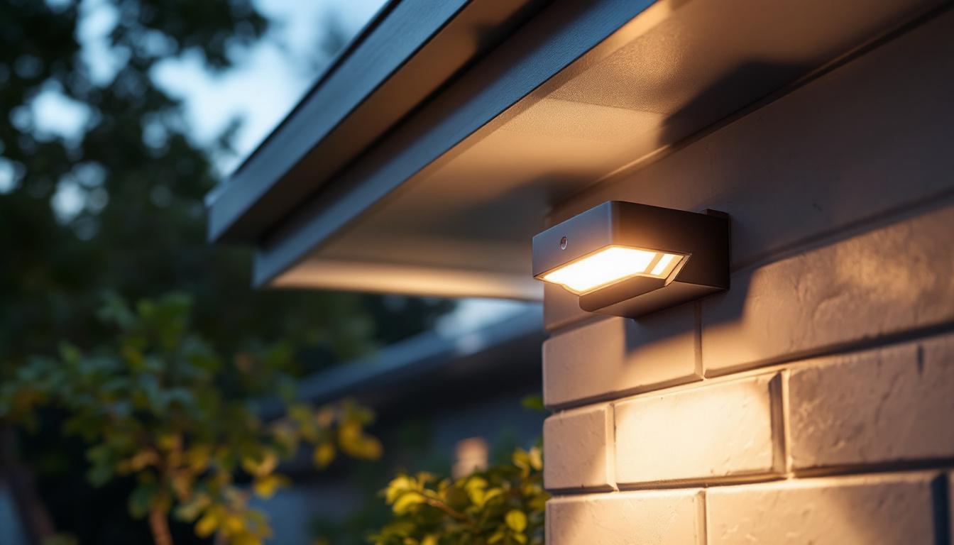 A photograph of a sleek eave mount security light installed on the exterior of a modern home
