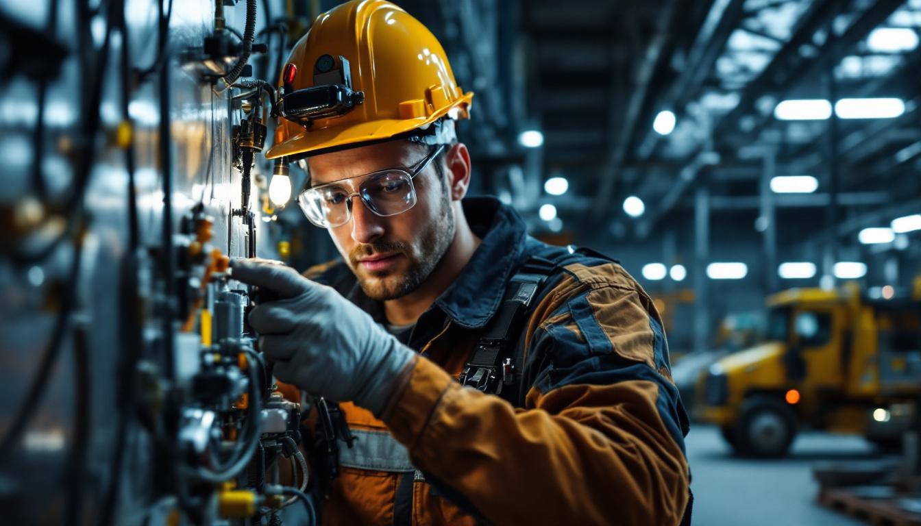 A photograph of a skilled industrial electrician working with a variety of specialized tools in a well-lit industrial setting