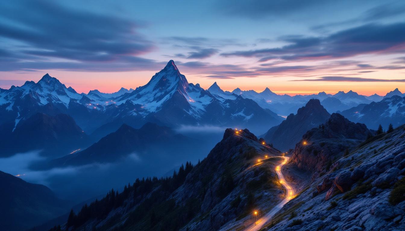 A photograph of a stunning mountain landscape at dusk