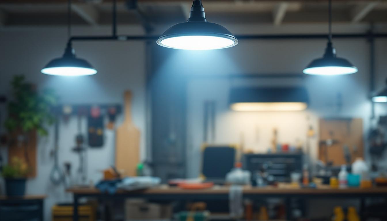 A photograph of a well-lit garage interior showcasing solar-powered lighting fixtures in use