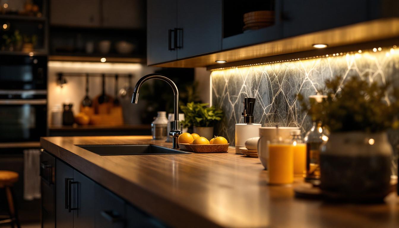 A photograph of a stylish kitchen featuring small under counter lights illuminating the workspace