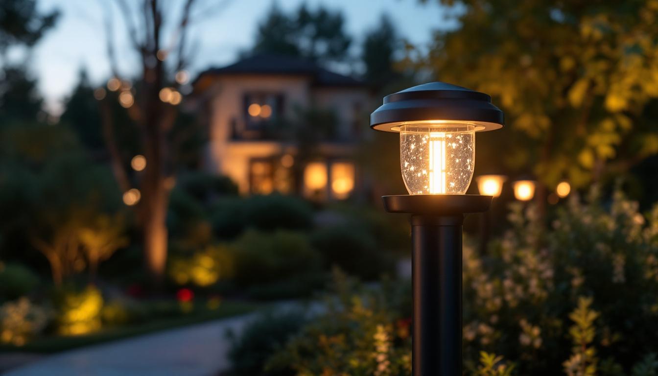 A photograph of a sleek black outdoor lamp post illuminated at dusk
