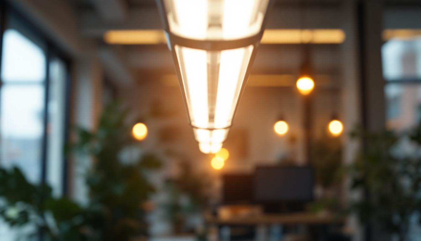 A photograph of a well-lit fluorescent light fixture in a modern workspace