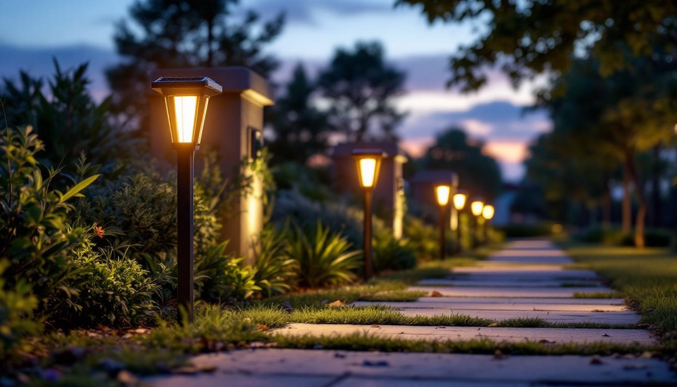 A photograph of a beautifully illuminated pathway lined with sleek led solar path lights at dusk