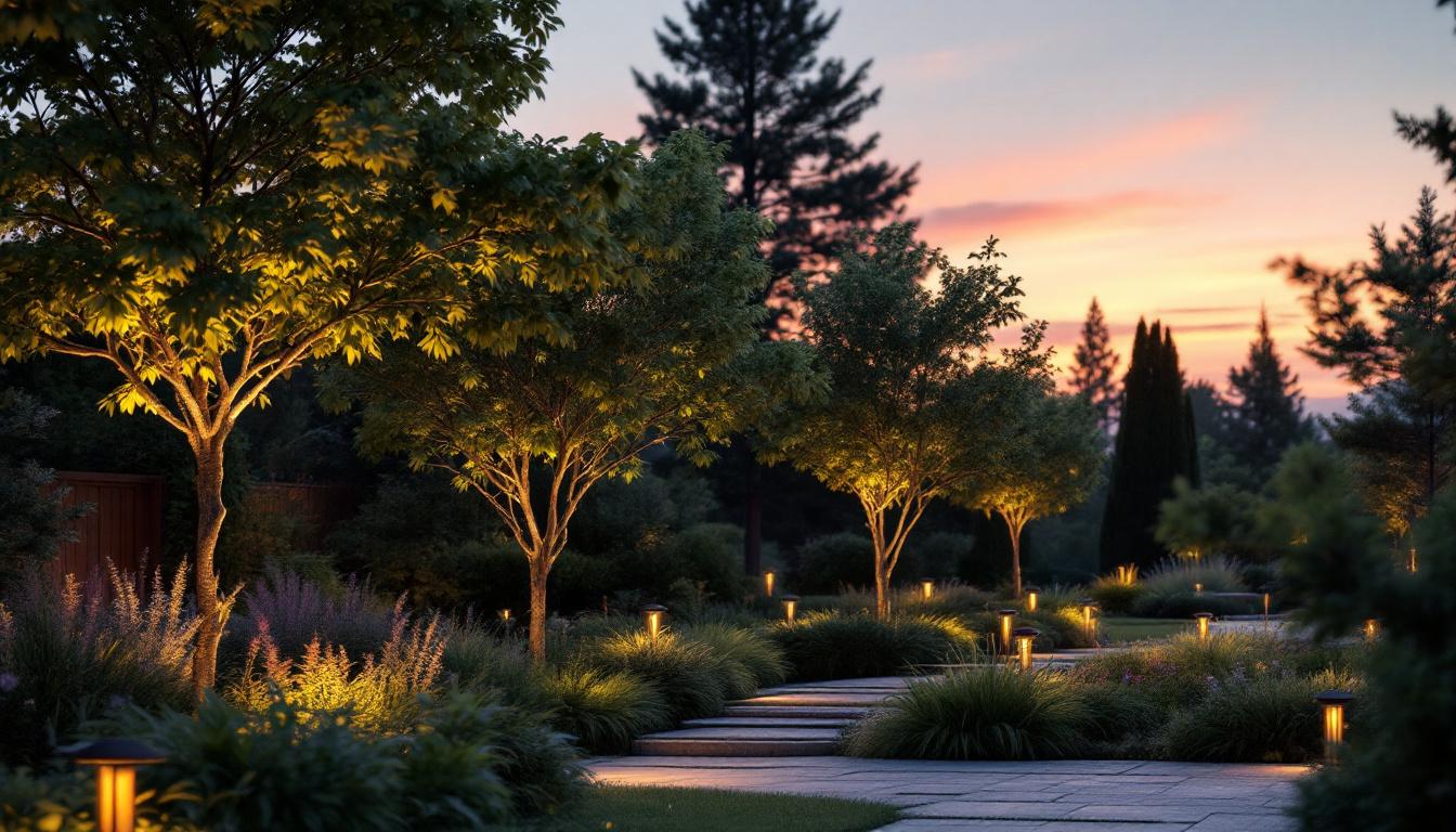 A photograph of a beautifully illuminated outdoor space featuring solar uplights highlighting trees and landscaping at dusk