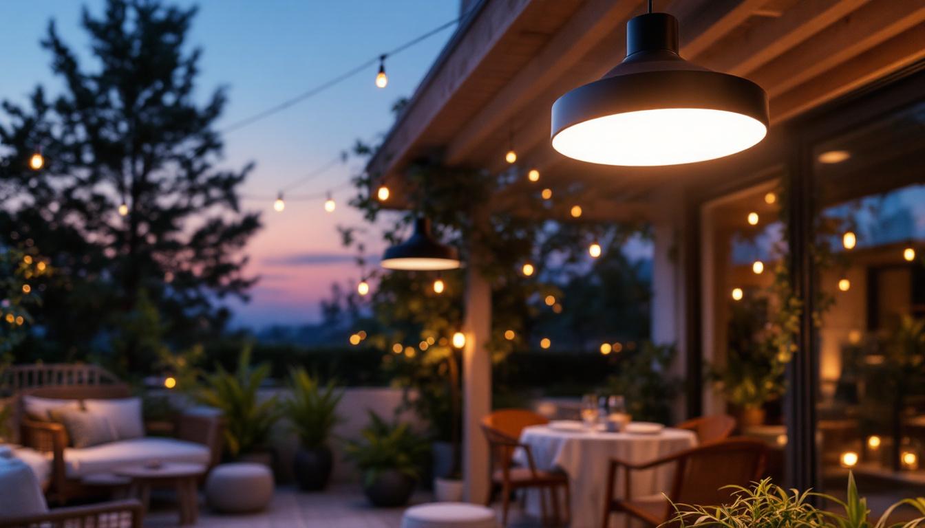 A photograph of a beautifully illuminated outdoor space featuring stylish led ceiling lights