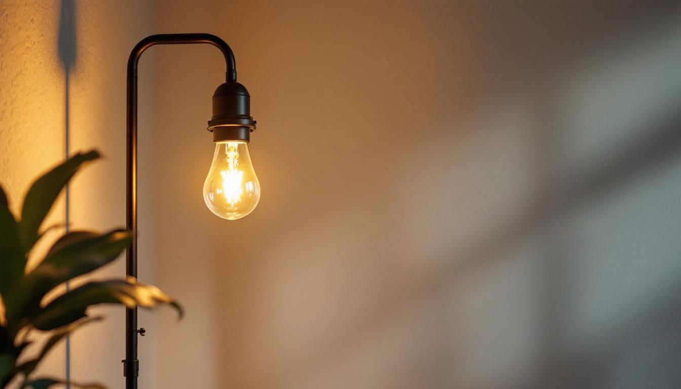 A photograph of a well-lit room featuring a type a medium base bulb in an aesthetically pleasing lamp