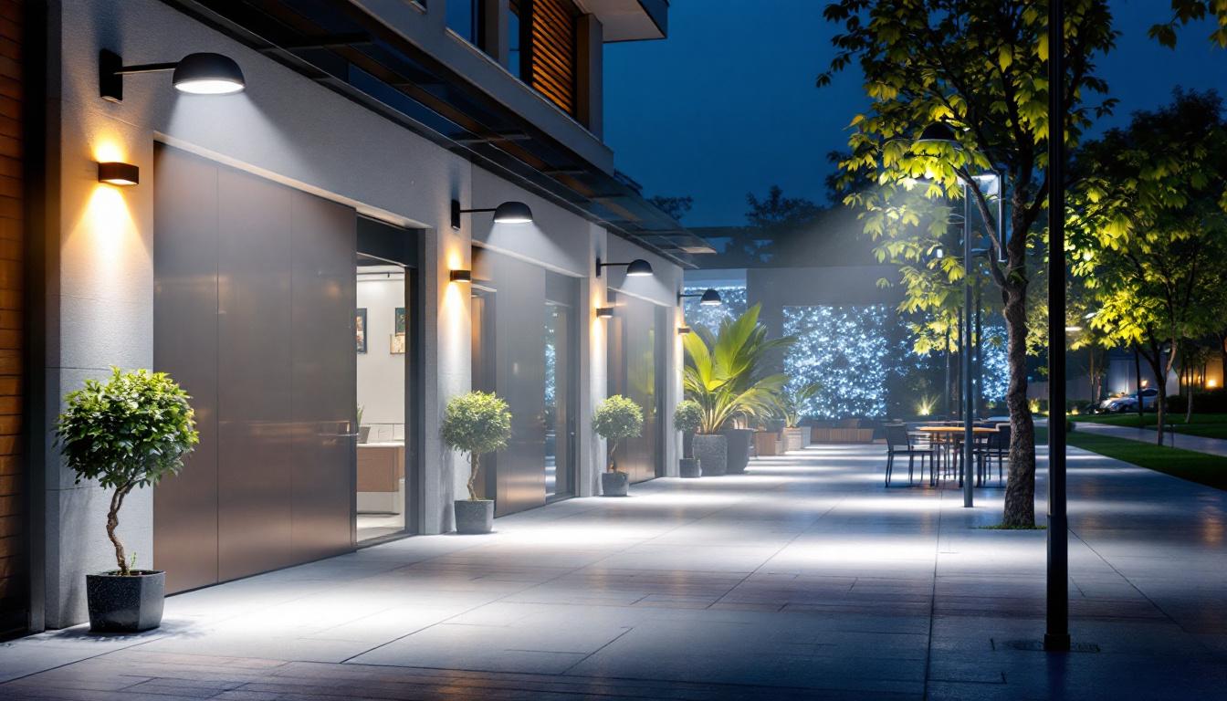 A photograph of a beautifully illuminated outdoor space showcasing various types of outdoor lighting fixtures
