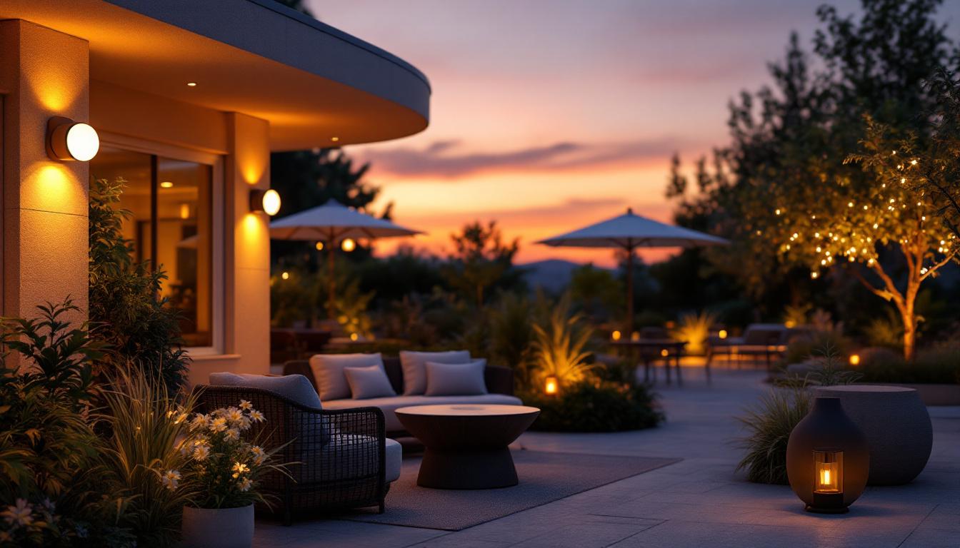 A photograph of a beautifully illuminated outdoor space at dusk