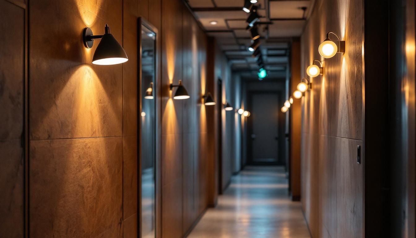 A photograph of a stylish hallway featuring various light fixtures on the walls