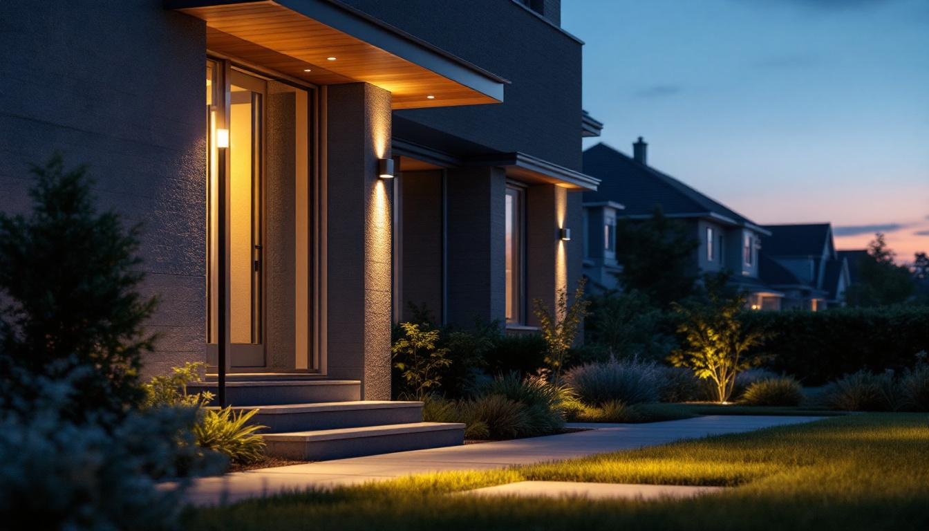 A photograph of a well-lit outdoor space featuring motion detector post lights in various placements