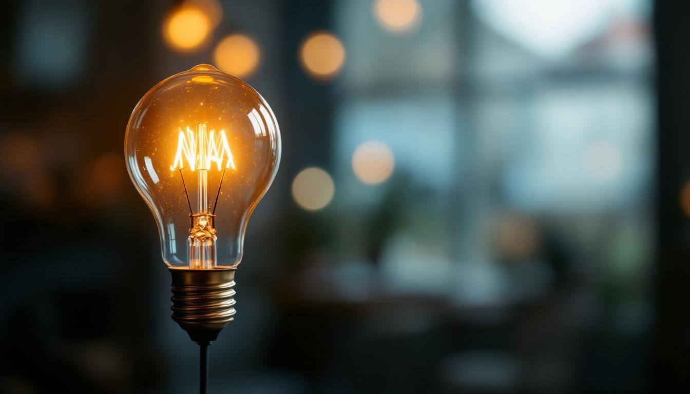 A photograph of a close-up of an a19 light bulb illuminated in a warm glow