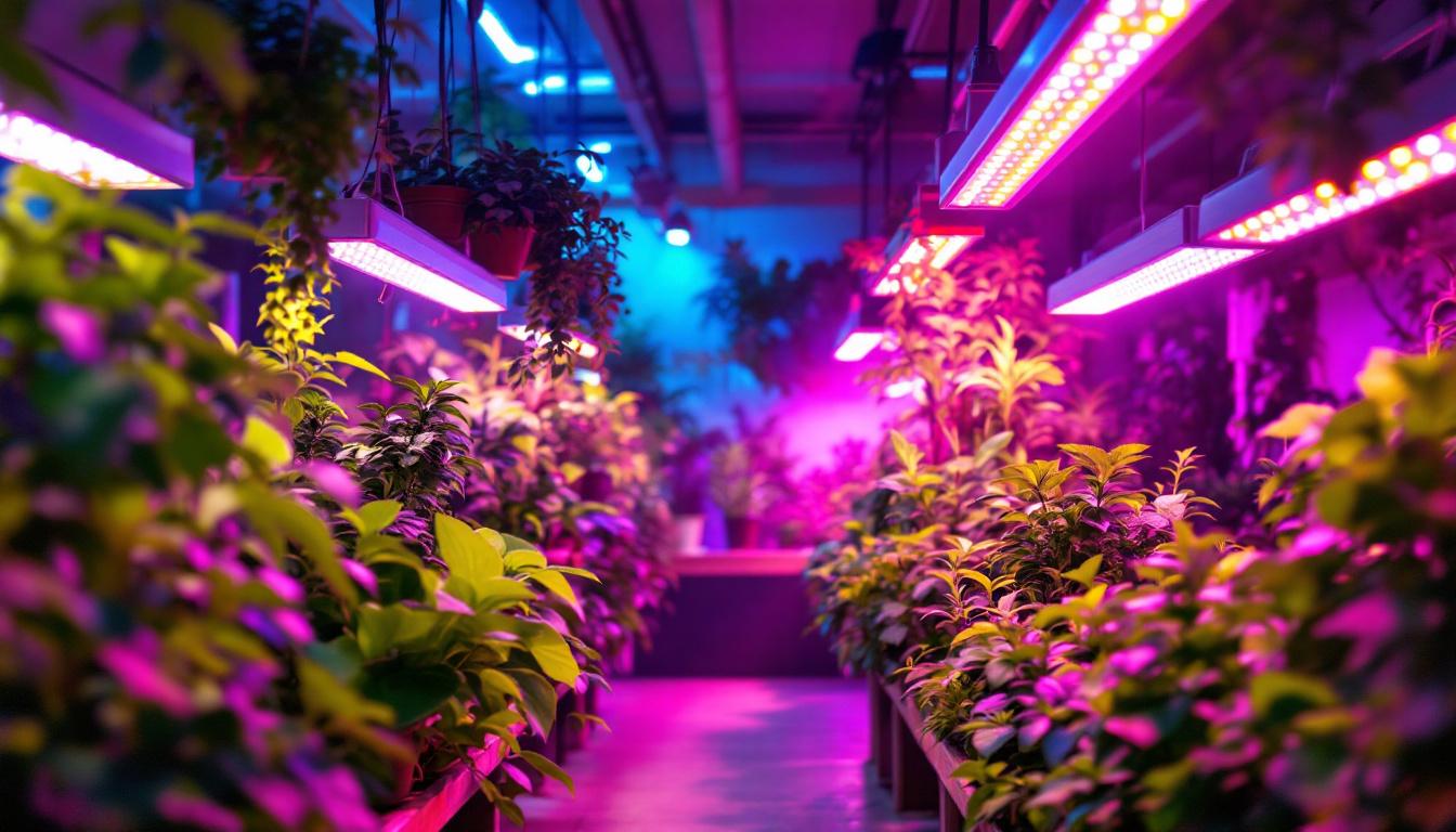 A photograph of a vibrant indoor garden illuminated by various types of green house grow lights