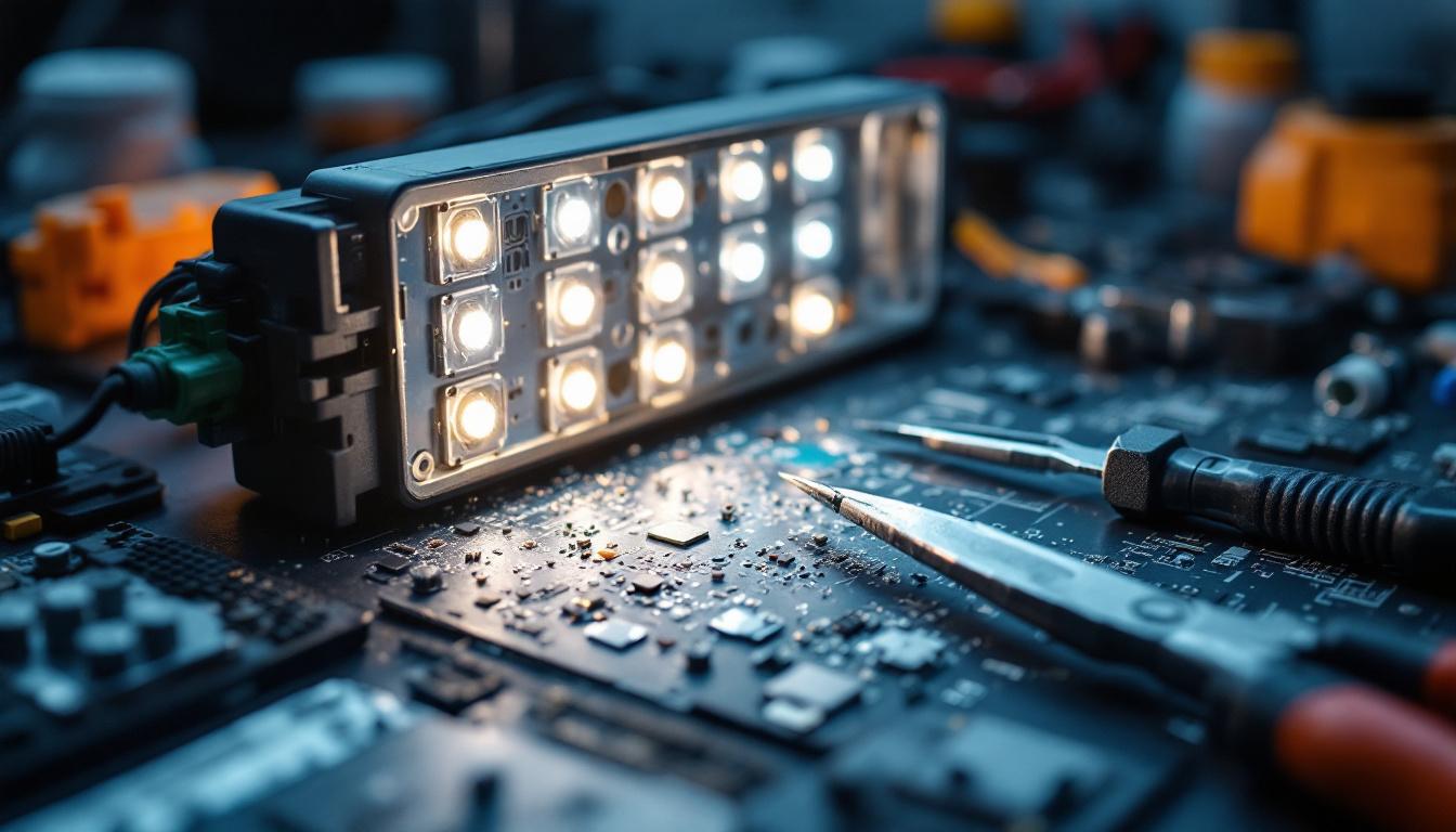 A photograph of a close-up of an led lighting setup being modified