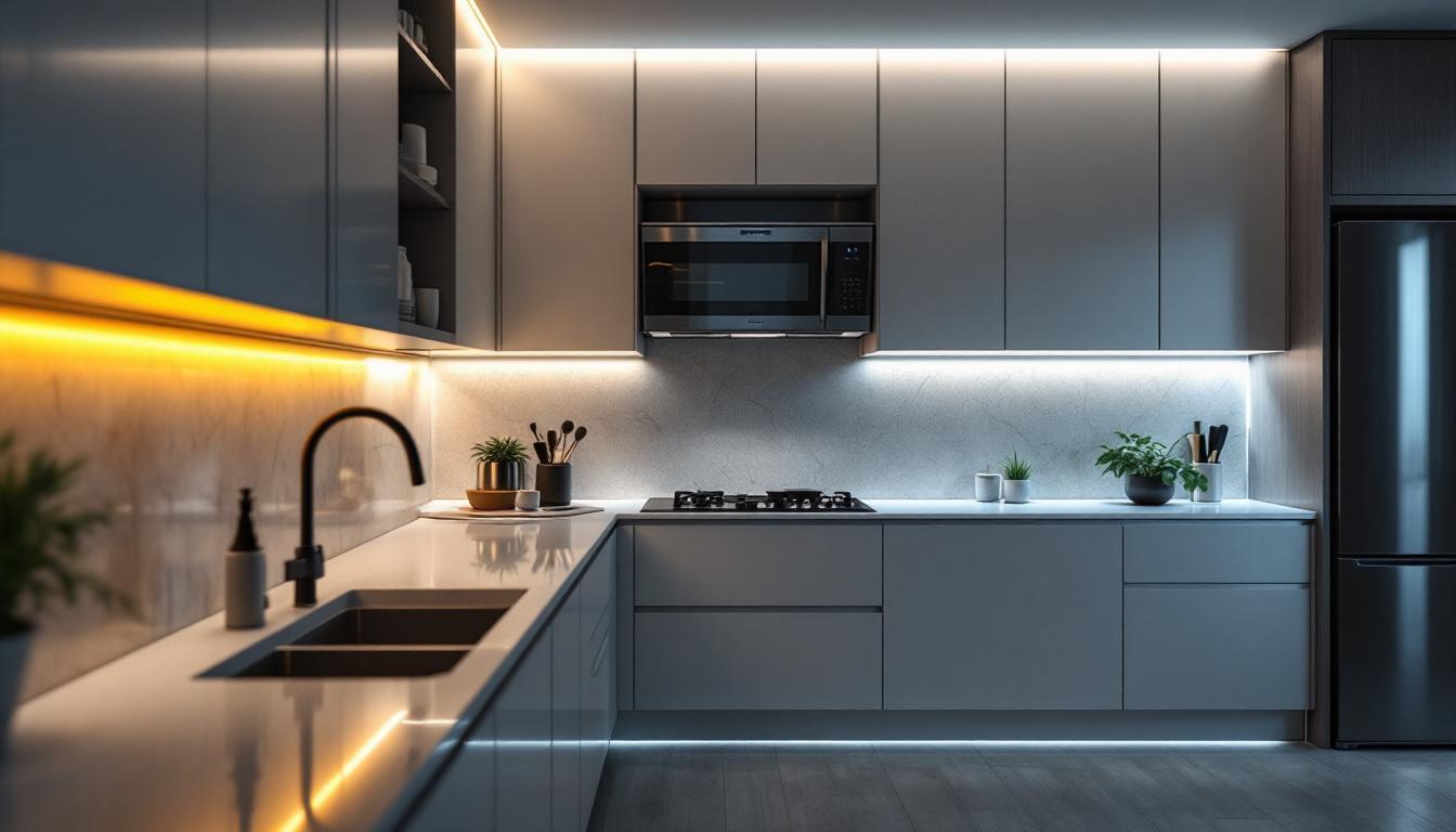 A photograph of a modern kitchen showcasing vibrant led light strips elegantly installed under the cabinets