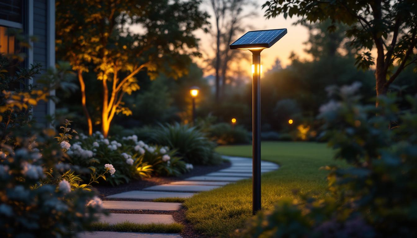 A photograph of a beautifully landscaped yard featuring a stylish solar light pole illuminated at dusk