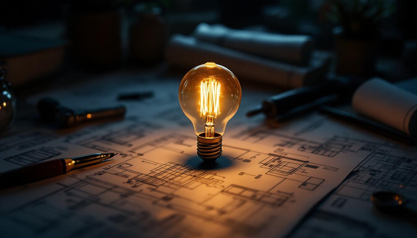 A photograph of a vintage light bulb glowing warmly in a dimly lit environment