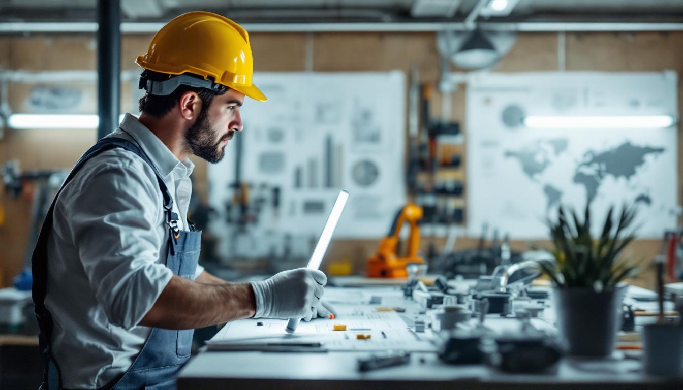 A photograph of a well-lit workspace featuring an electrical engineer examining or installing 8ft t8 led lamps