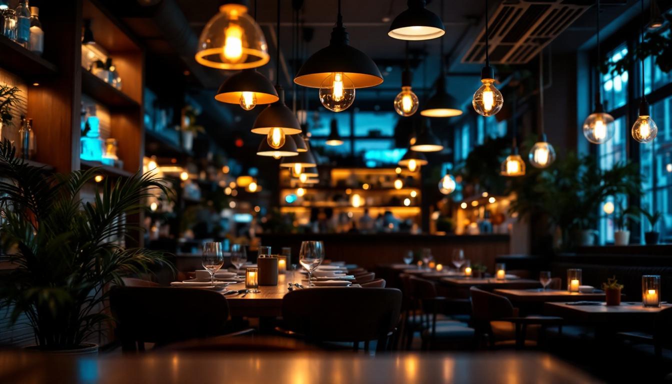 A photograph of a beautifully lit restaurant interior showcasing various lighting fixtures and their effects on the ambiance