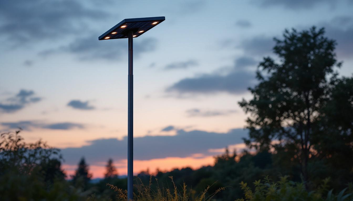 A photograph of a sleek outdoor solar light pole illuminated at dusk