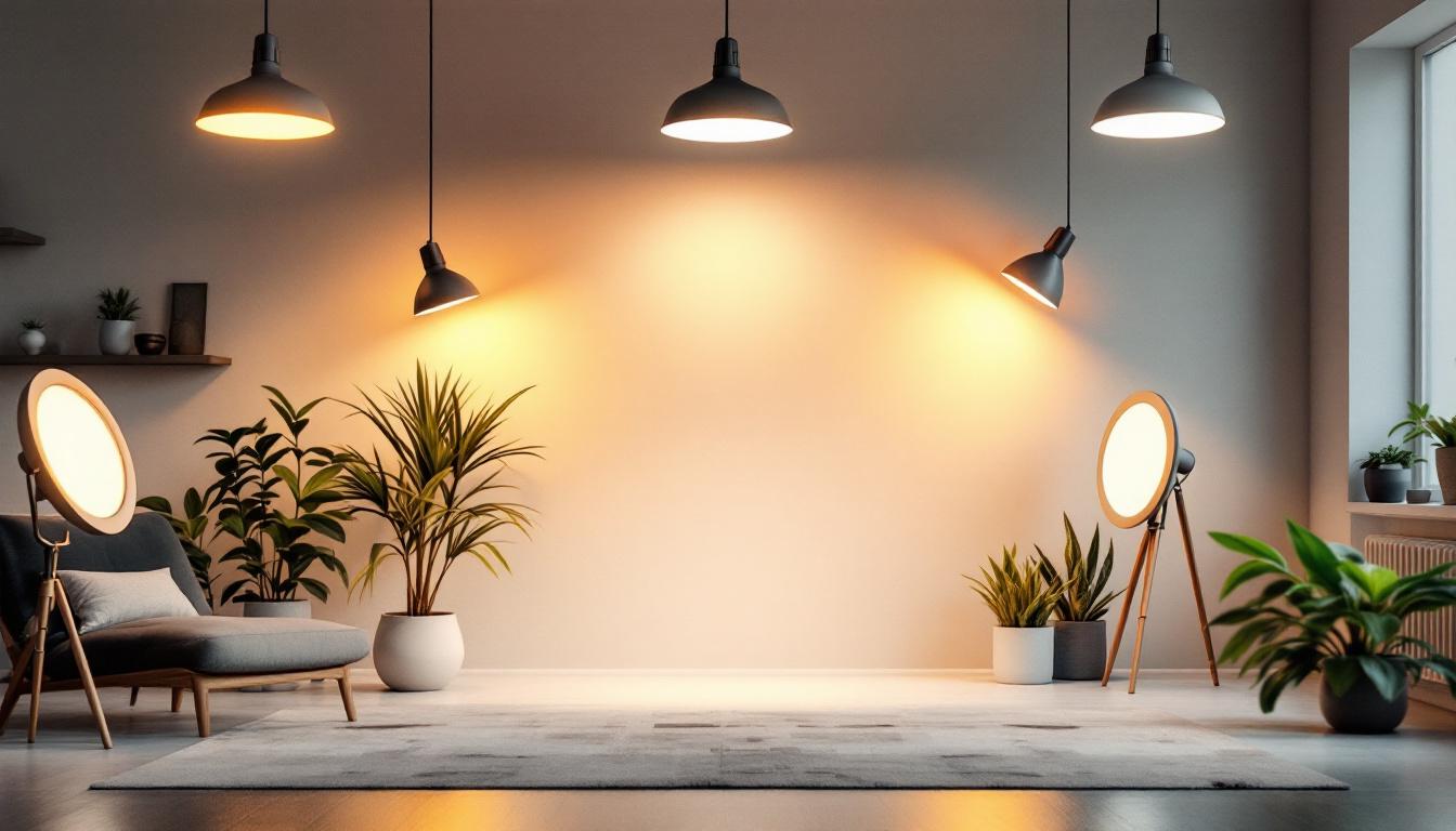 A photograph of a well-lit interior space showcasing a variety of lighting fixtures